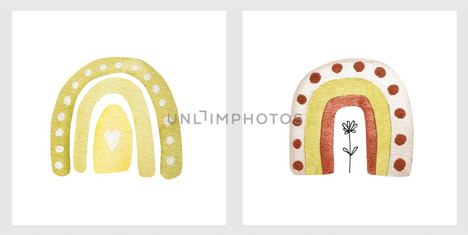 Spring watercolor rainbow set for decoration. Childish aquarelle paintings with weather elements and heart