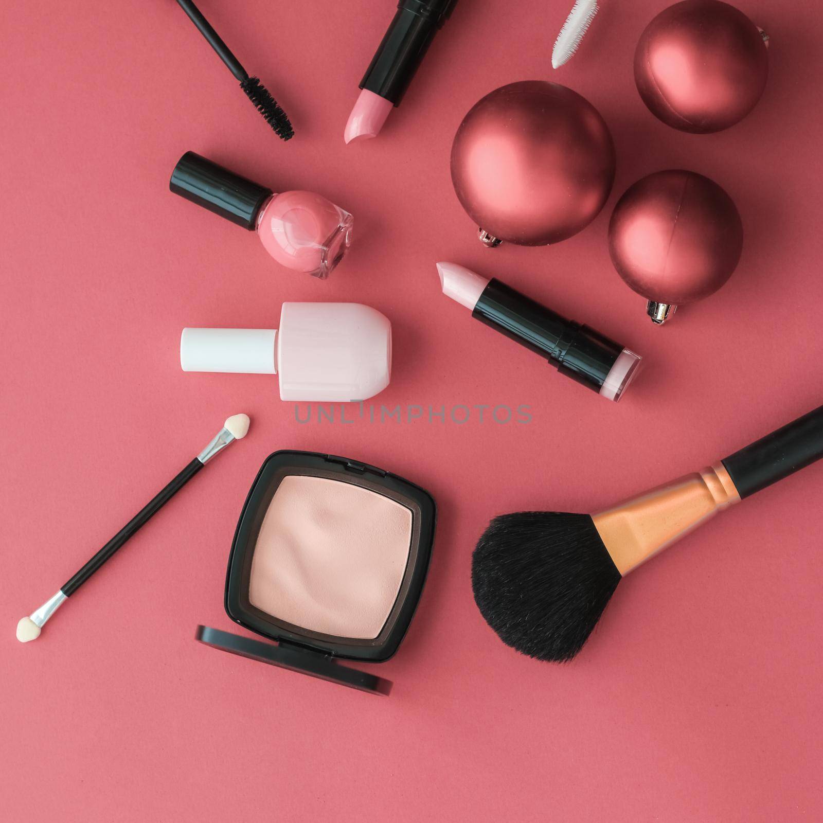 Cosmetic branding, fashion blog cover and girly glamour concept - Make-up and cosmetics product set for beauty brand Christmas sale promotion, luxury coral flatlay background as holiday design