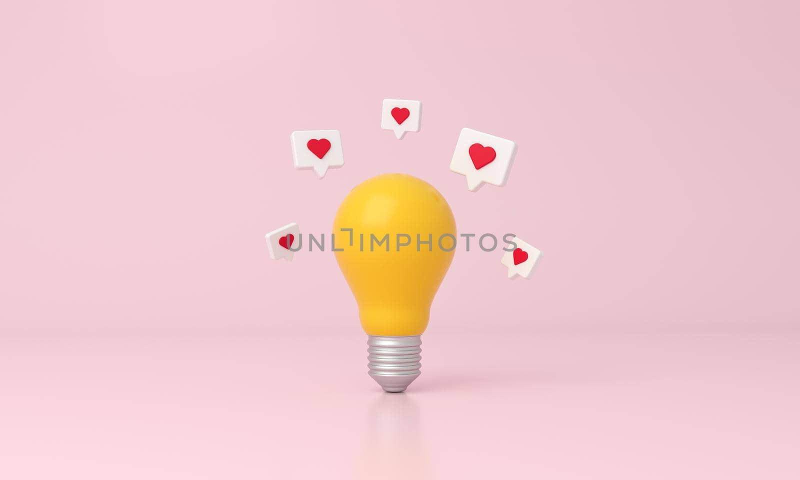 Light bulb with like heart icons around on pink background. 3d rendering.
