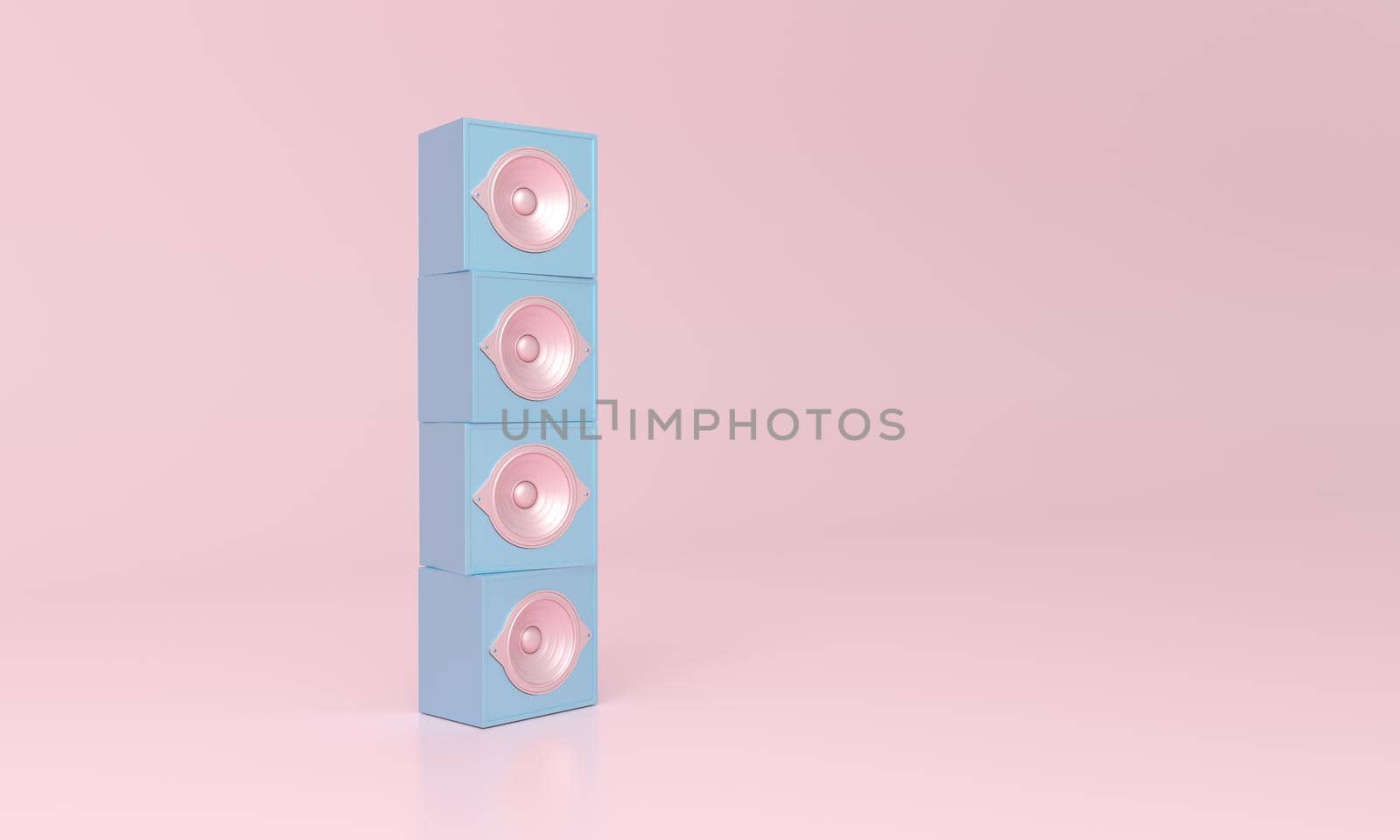 Speaker tower blue on pink minimal background. 3d rendering.