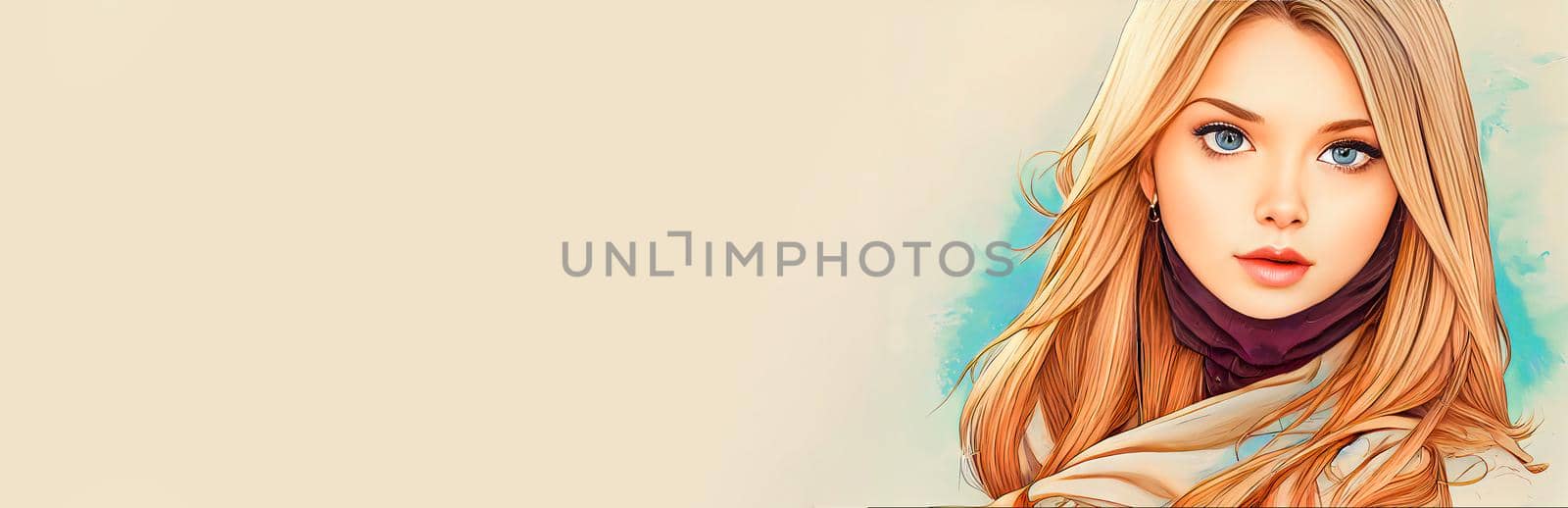 Modern fashion model caucasian blonde girl wearing scarf. Suitable for banners, headers, flyers. Digital illustration