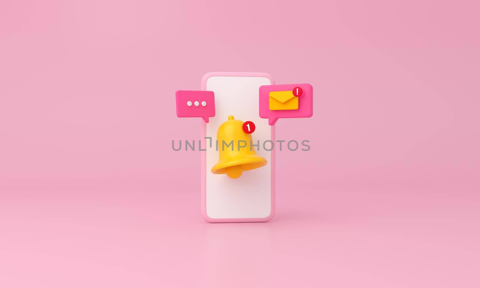 Smartphone, notification message bell, icon alert and alarm mail on minimal pink background. 3D rendering.