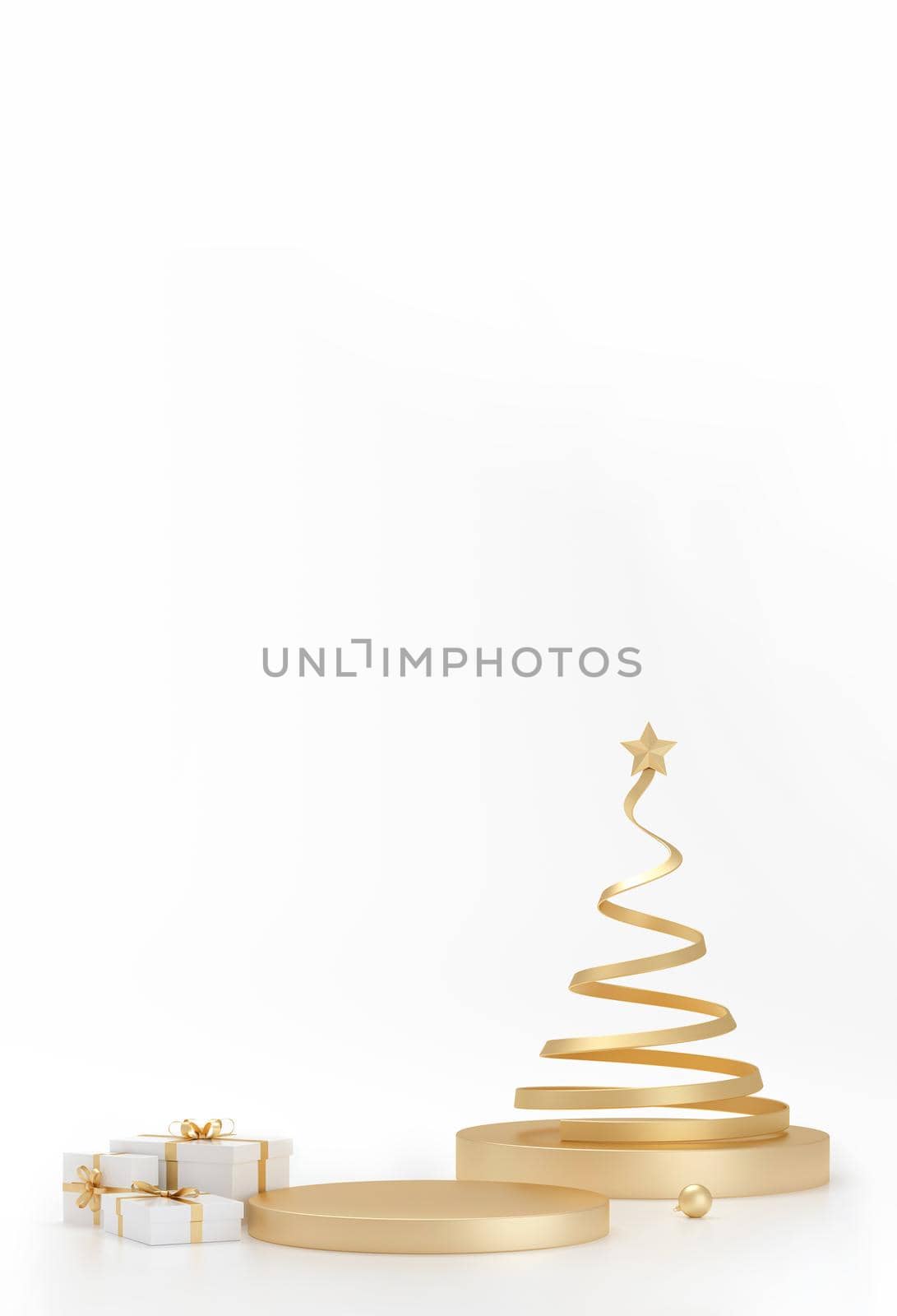 Christmas spiral tree and gifts around on winter white studio background. 3D Rendering