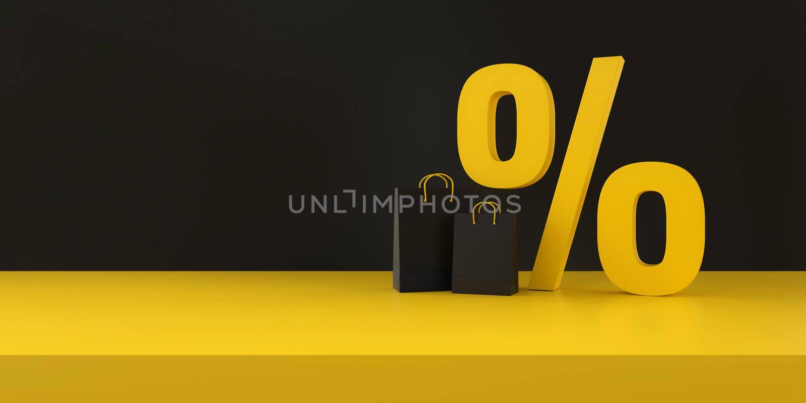 Percent discount symbol and Shopping bags on black and yellow studio background. Black fridays discounts. by ImagesRouges