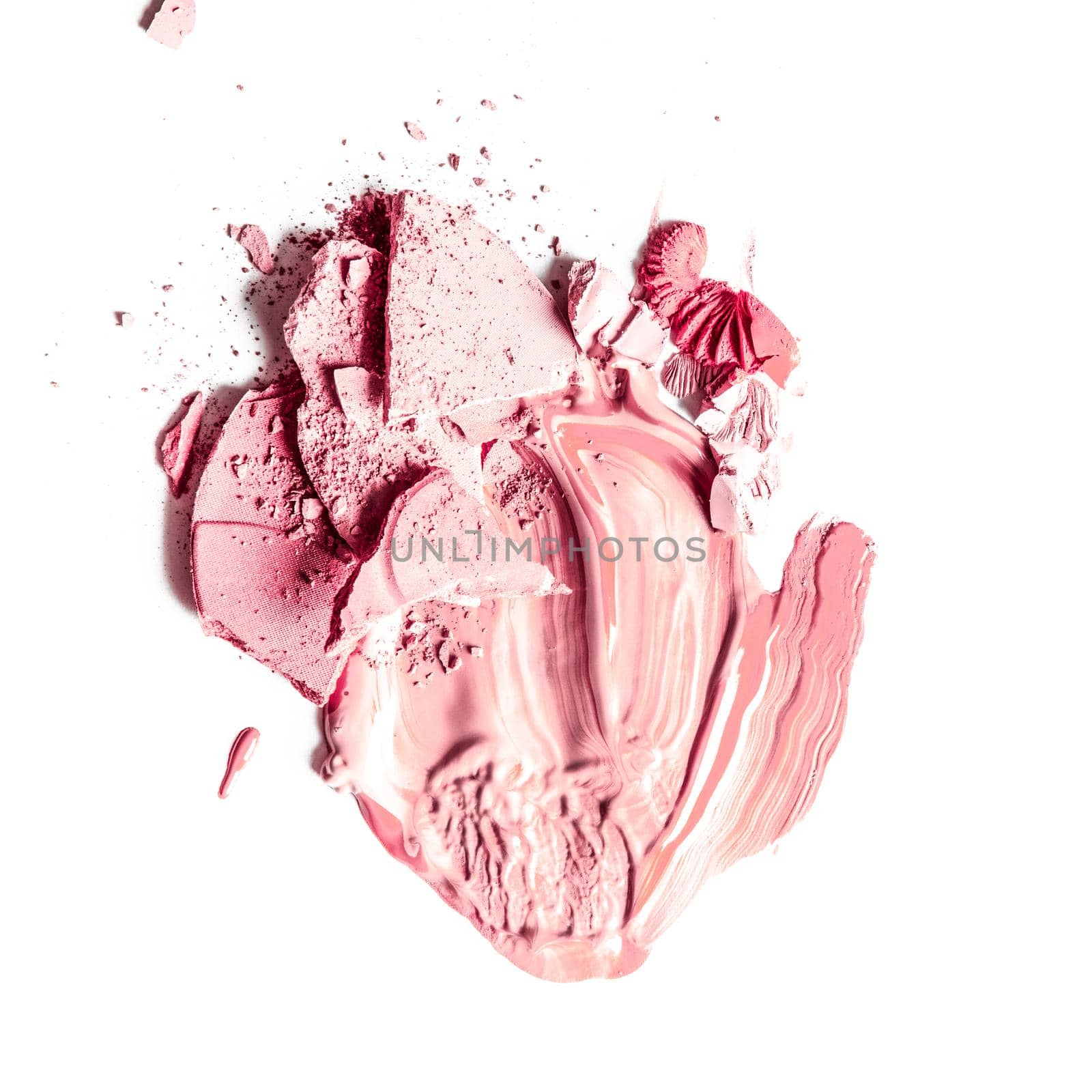 Beauty texture, cosmetic product and art of make-up concept - Crushed eyeshadow, powder and liquid foundation close-up isolated on white background