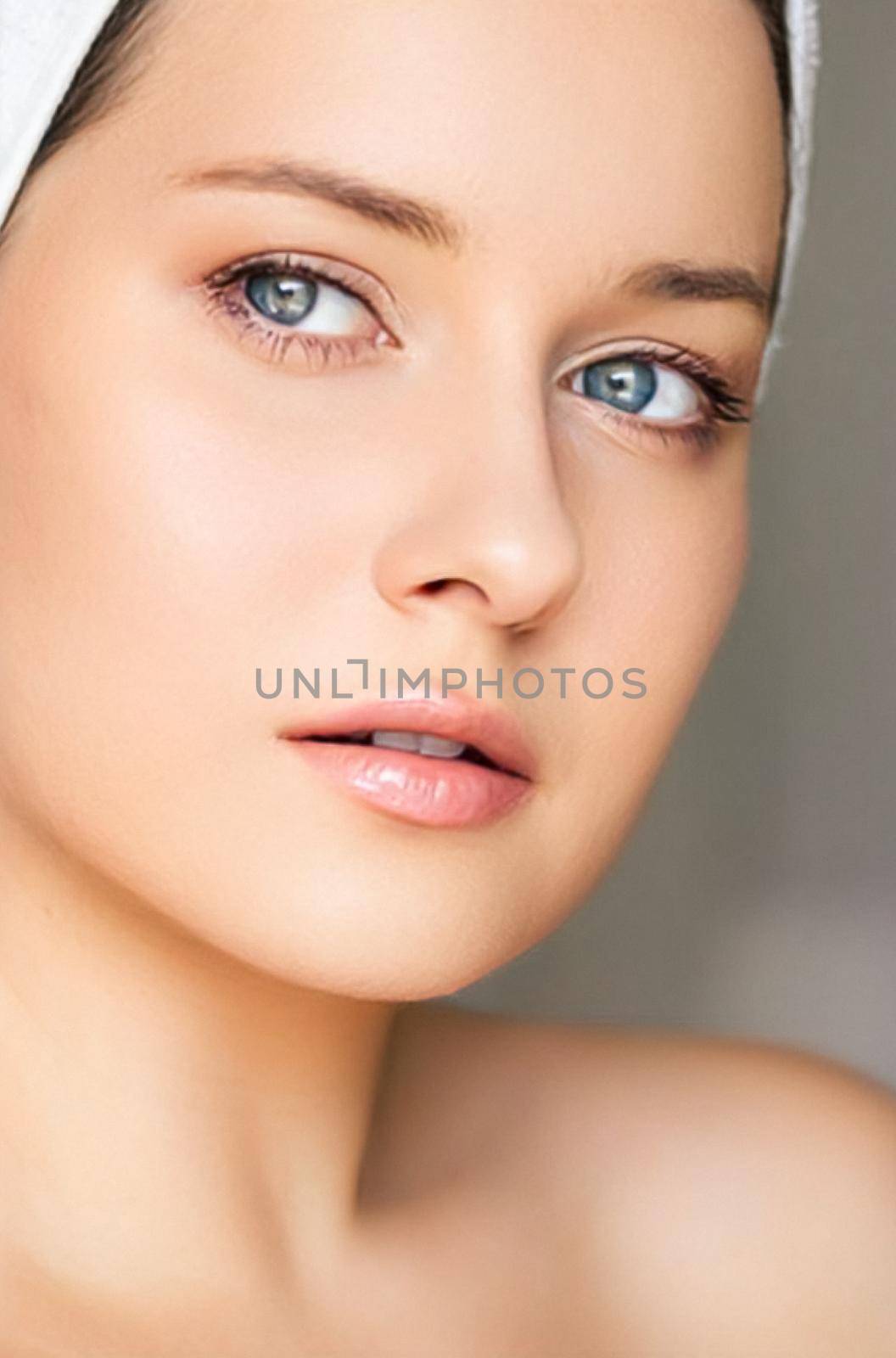 Skin care and beauty routine, beautiful woman with white towel wrapped around head, skincare cosmetics and face cosmetology, close-up portrait