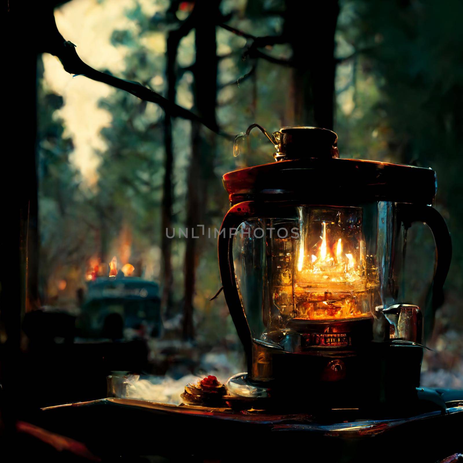 Abstract illustration of an oil lamp in the forest. High quality illustration