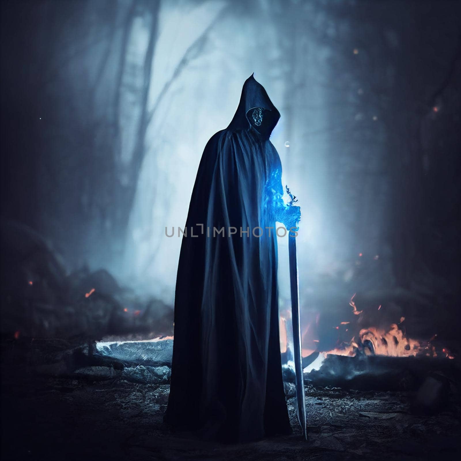 A figure in a dark cloak. High quality illustration