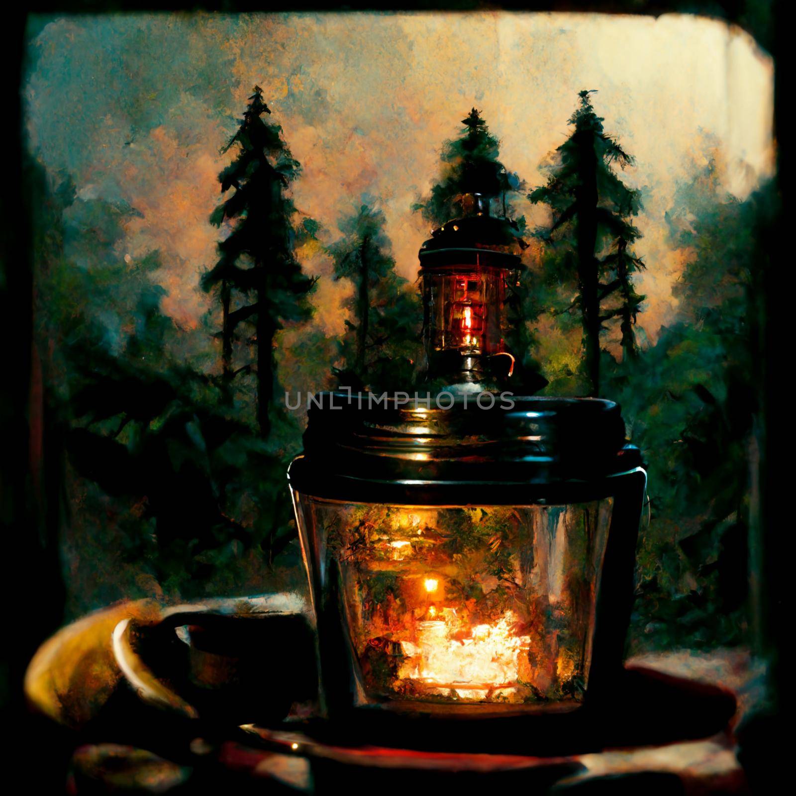 Abstract illustration of an oil lamp in the forest. High quality illustration