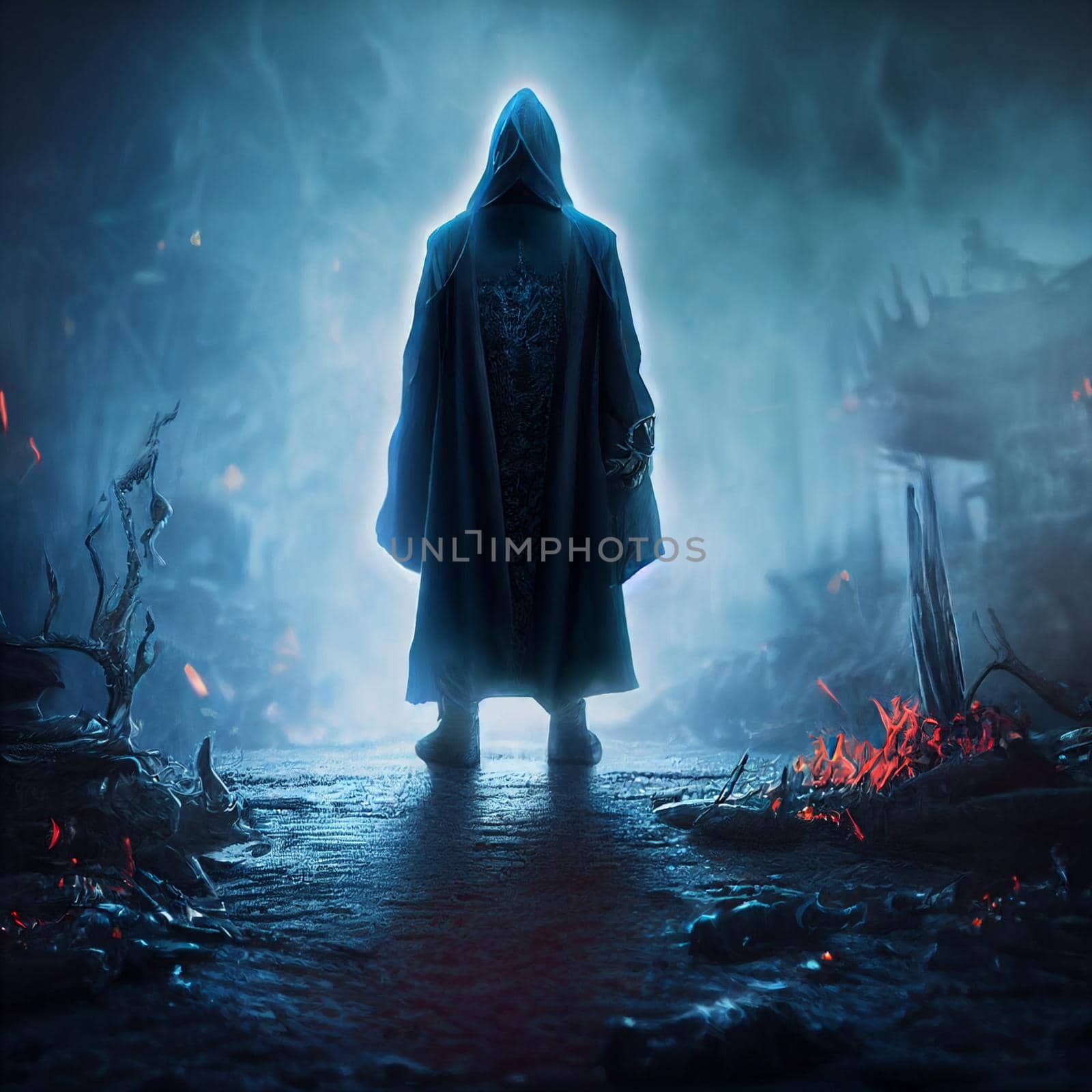 A figure in a dark cloak. High quality illustration