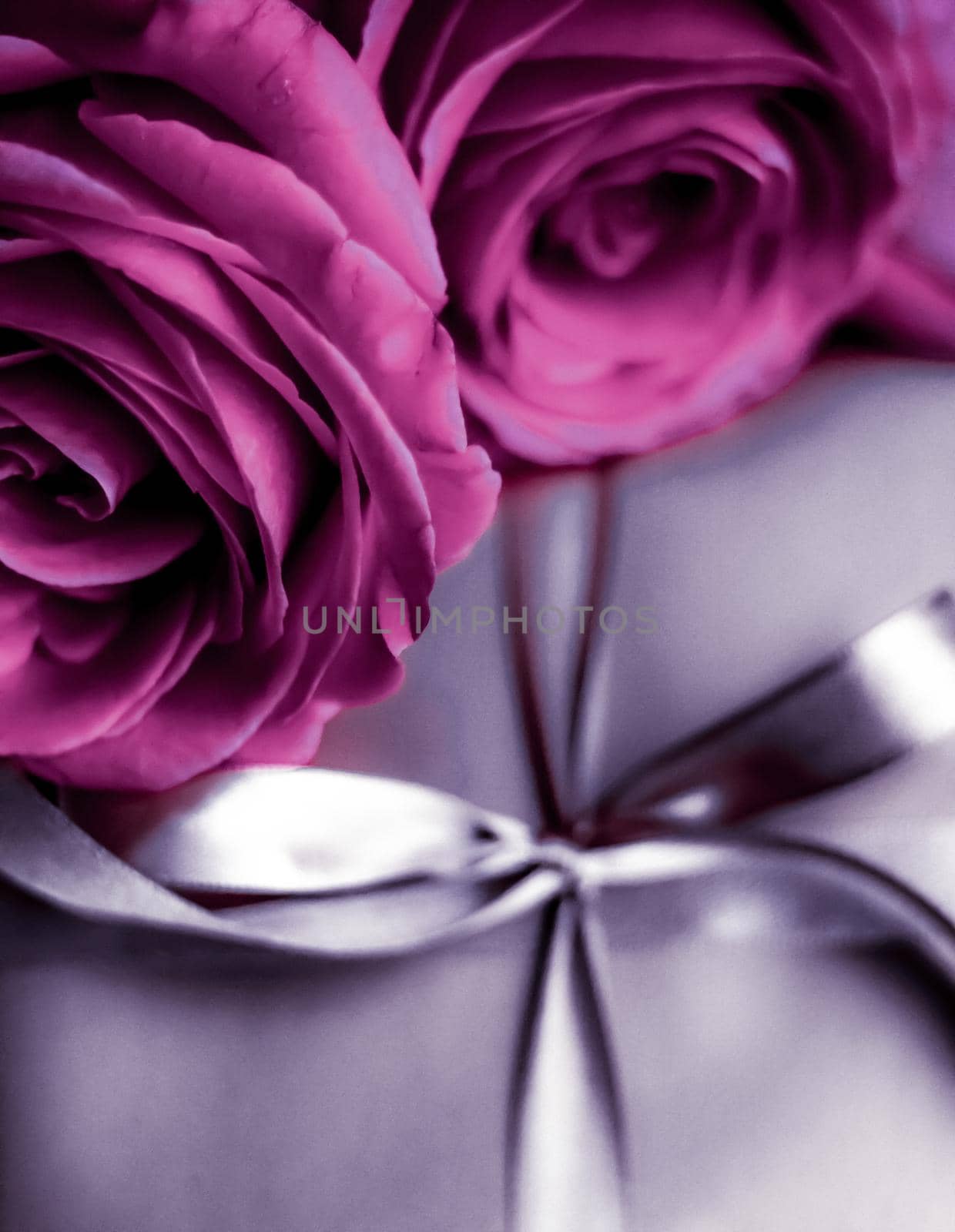 Luxurious design, shop sale promotion and happy surprise concept - Luxury holiday silver gift box and pink roses as Christmas, Valentines Day or birthday present