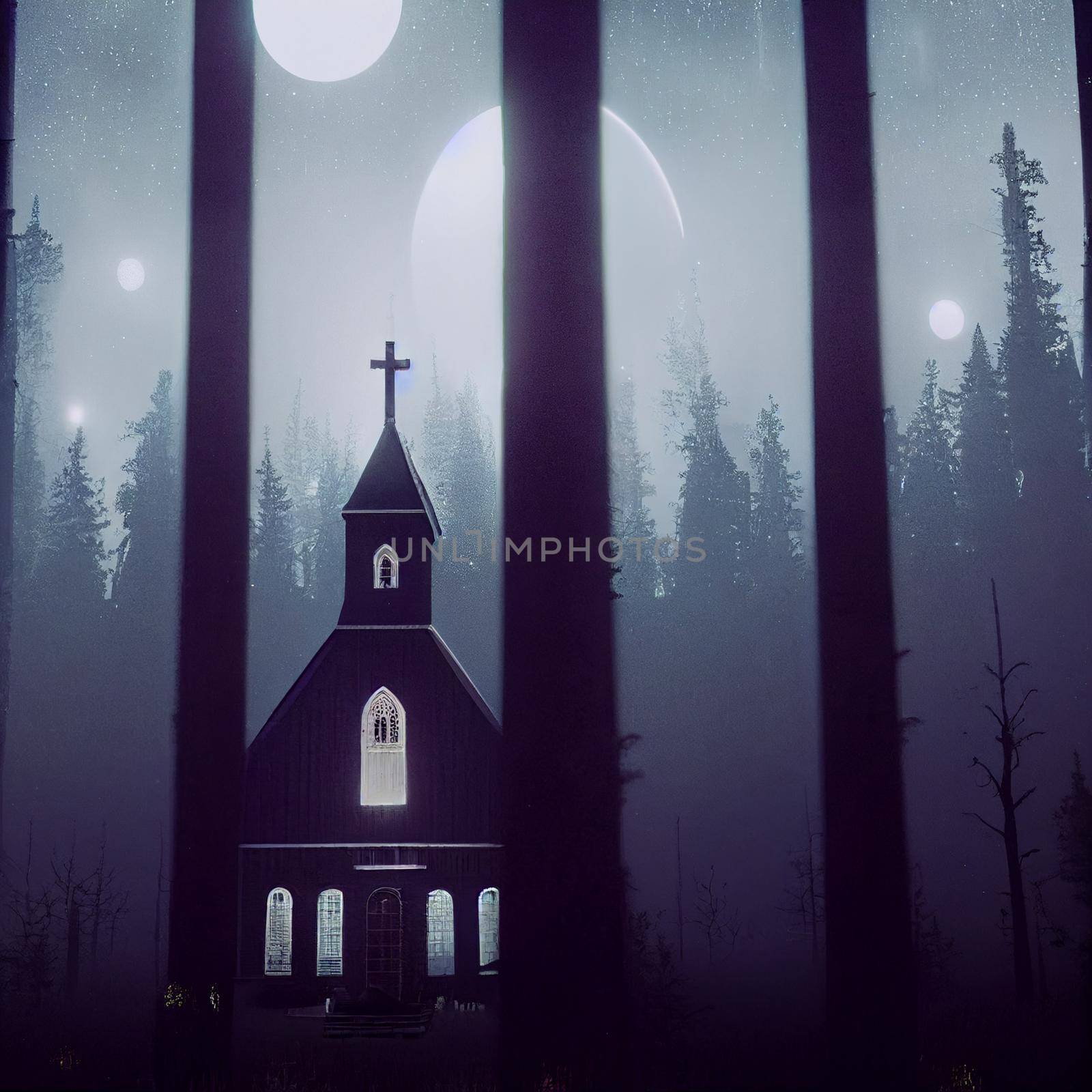 A black church in the moonlight located in a gloomy forest. High quality illustration