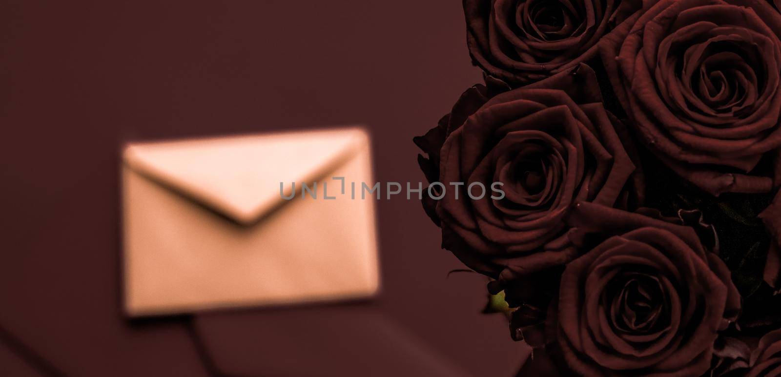 Love letter and flowers delivery on Valentines Day, luxury bouquet of roses and card on chocolate background for romantic holiday design by Anneleven