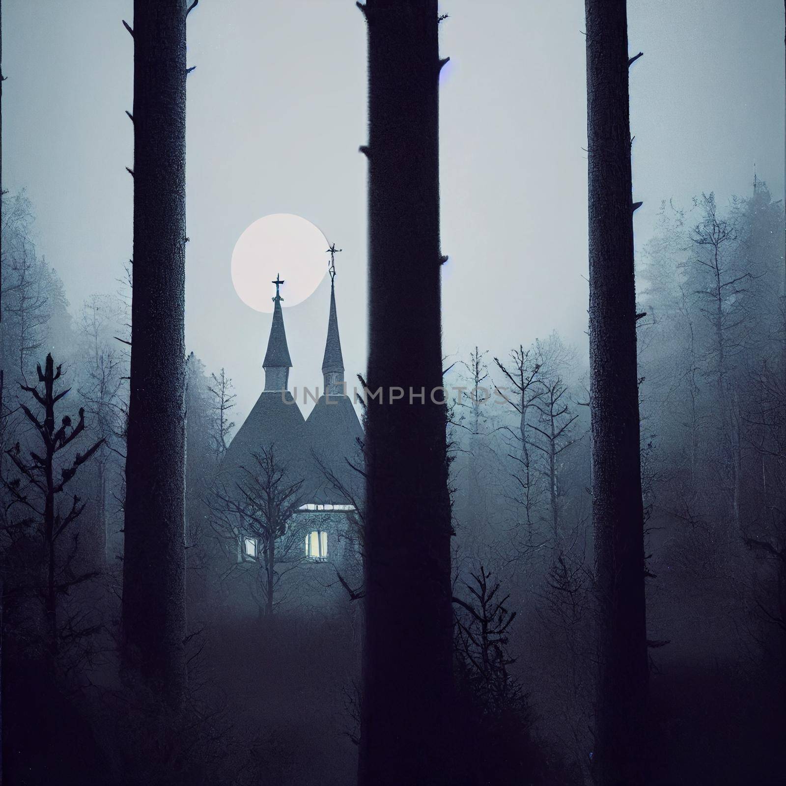 A lonely building in a gloomy forest. High quality illustration