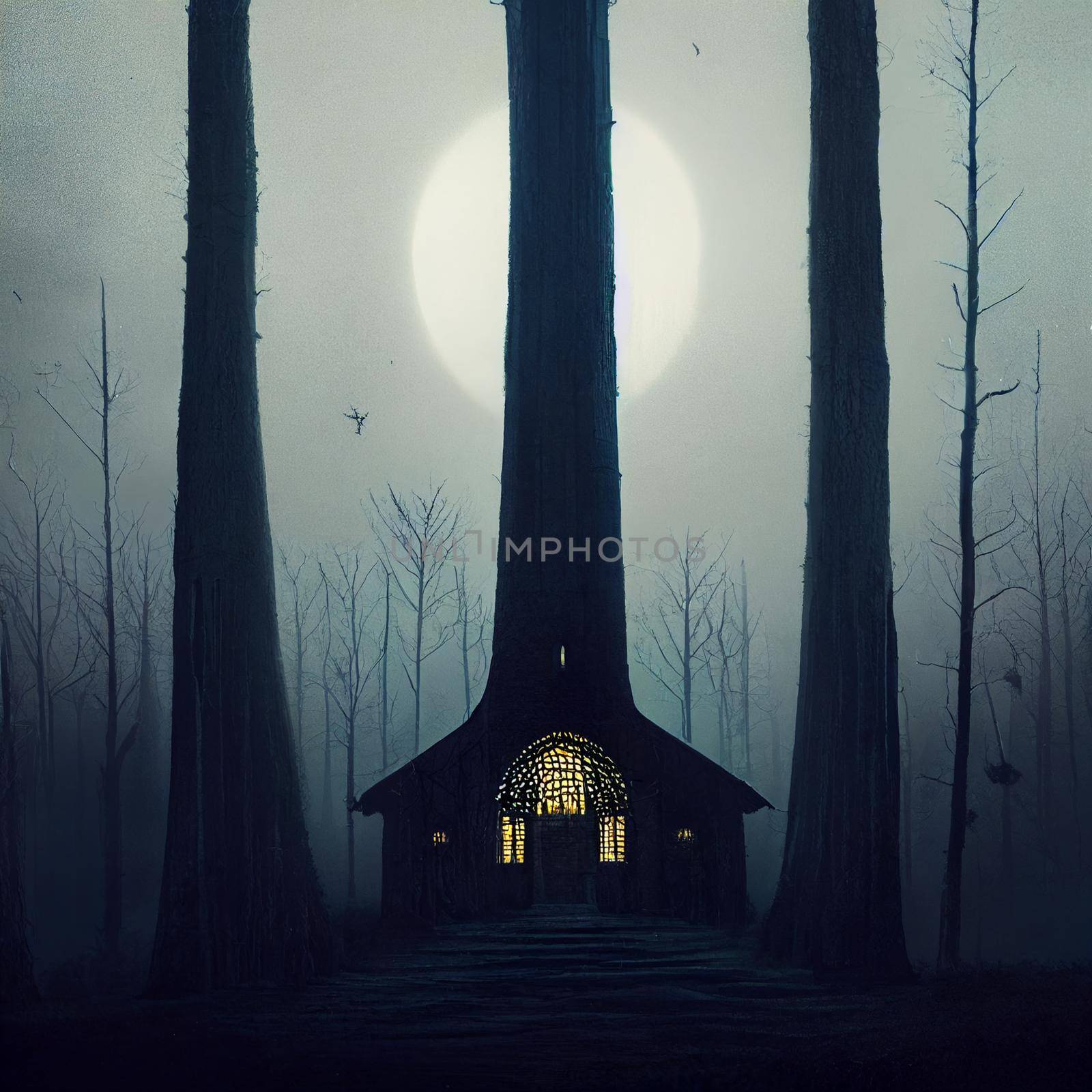 A lonely building in a gloomy forest. High quality illustration
