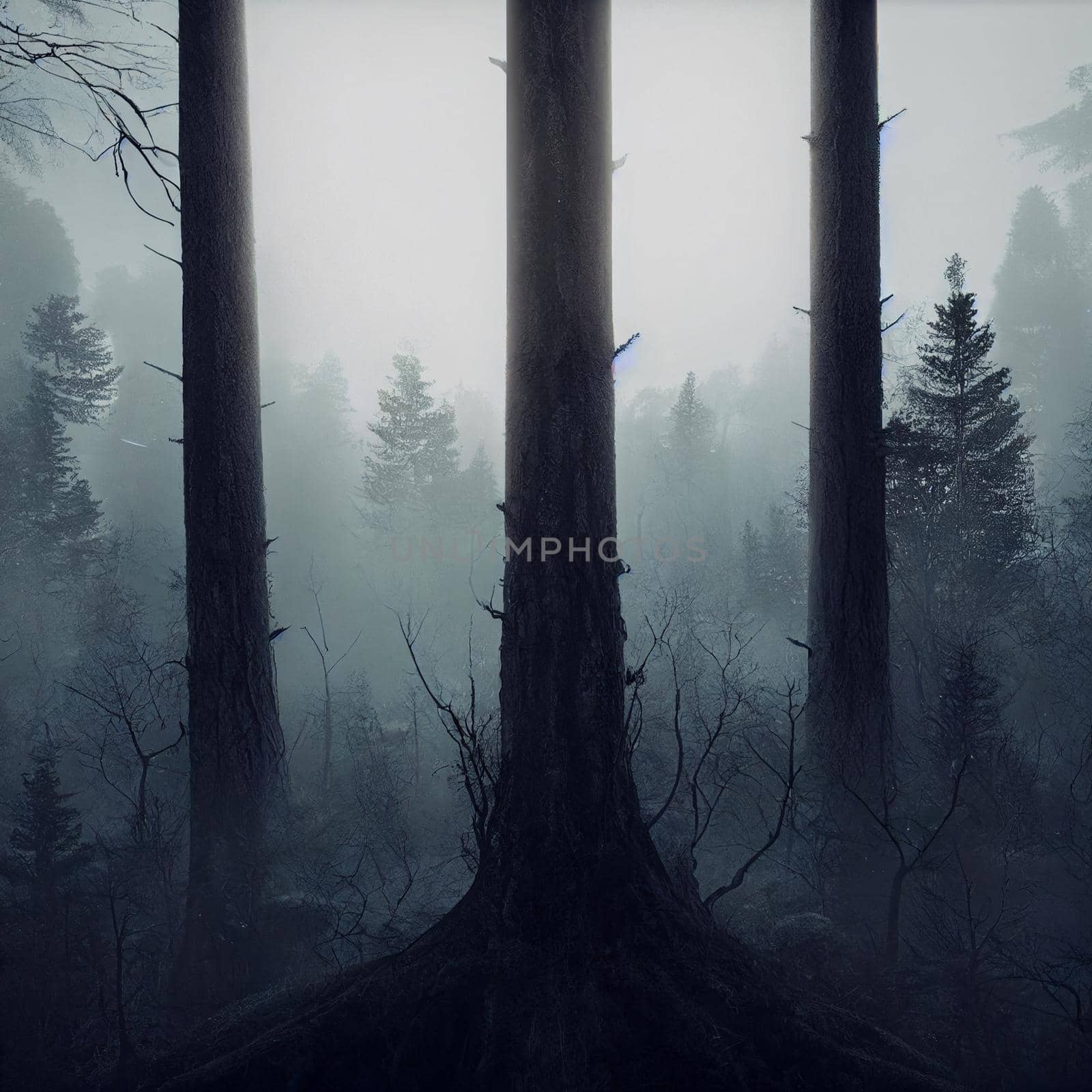 Gloomy forest in gray tones. High quality illustration