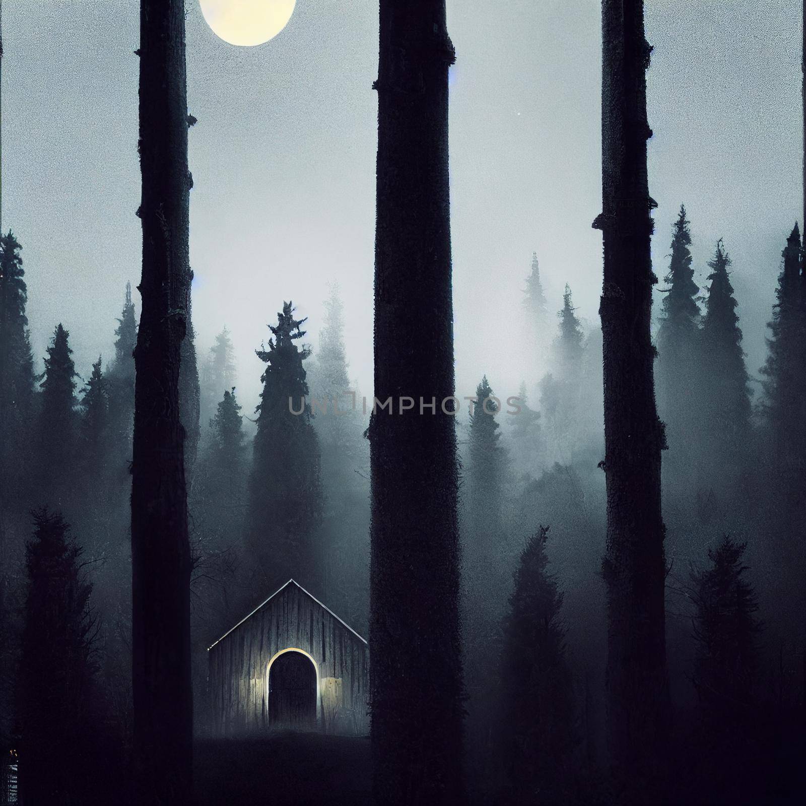 A lonely building in a gloomy forest. High quality illustration