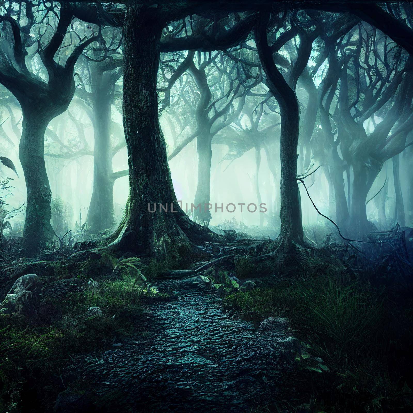 Gloomy forest in the fog. High quality illustration