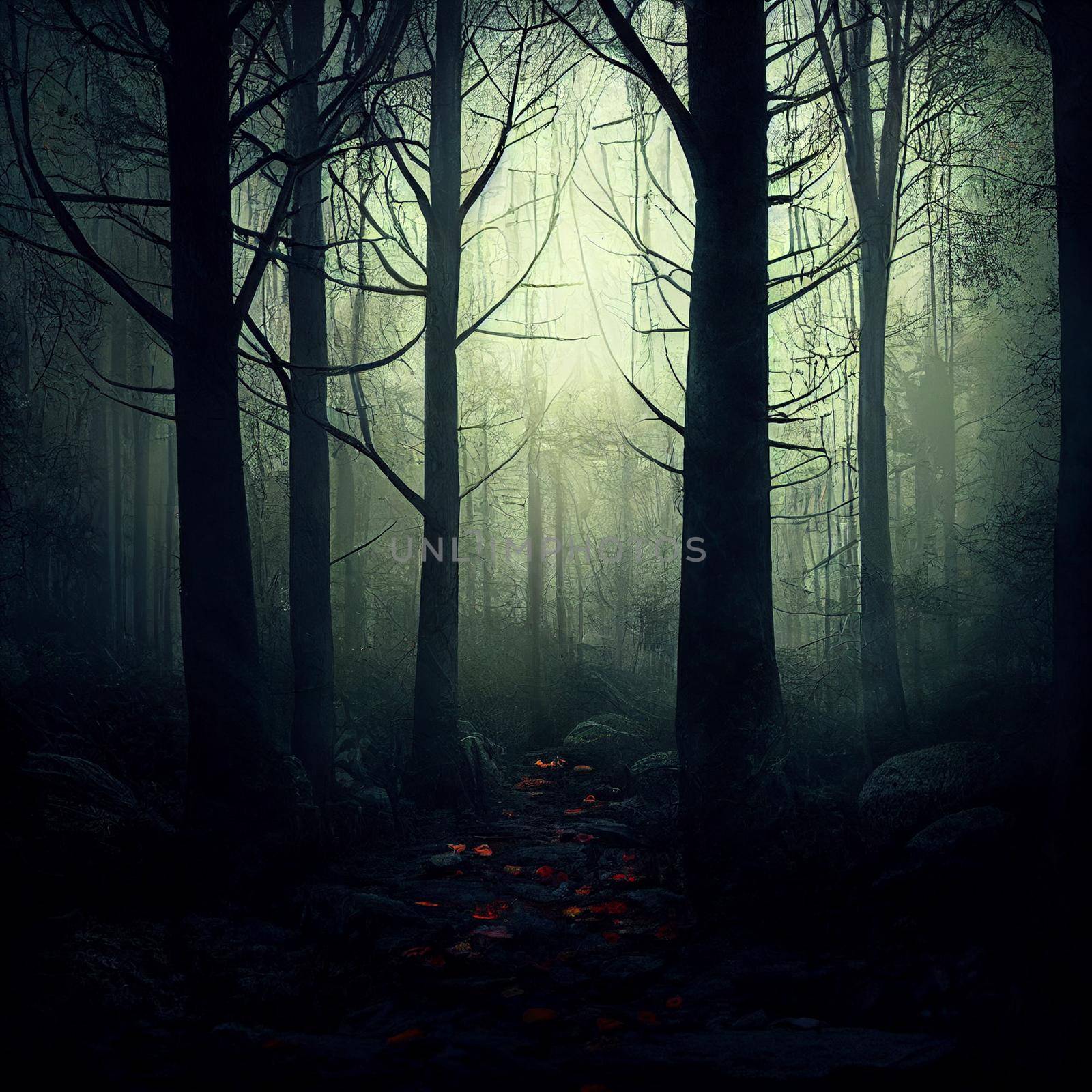 Gloomy forest in the fog. High quality illustration