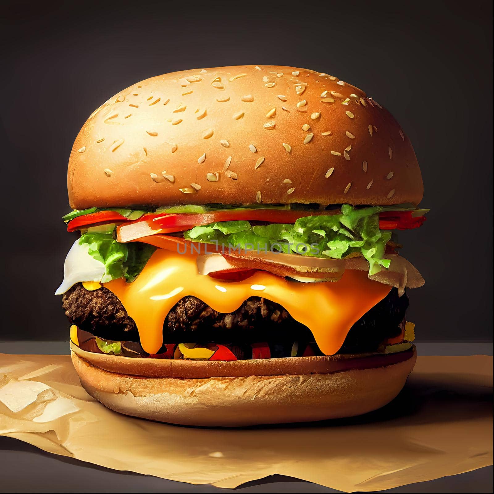 Fresh tasty cheeseburger on craft paper. Digital illustration by vmalafeevskiy