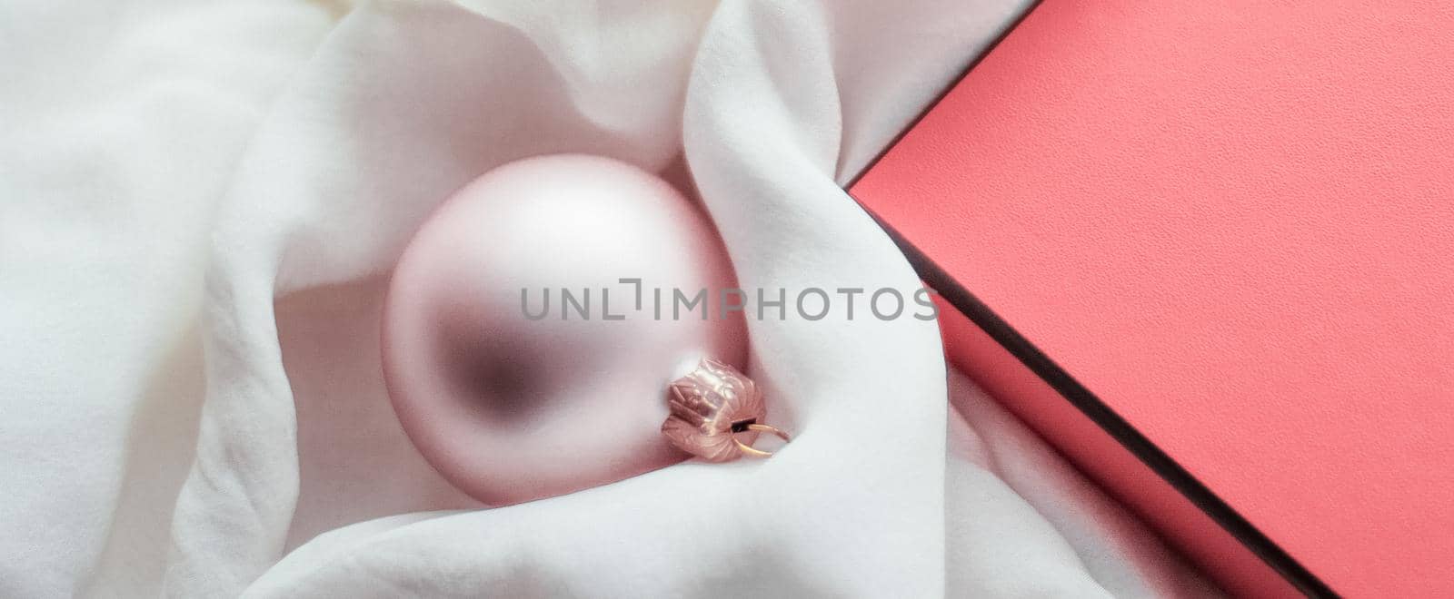 Holidays branding, happy giving and decoration concept - Christmas holiday background, festive baubles and coral vintage gift box as winter season present for luxury brand design