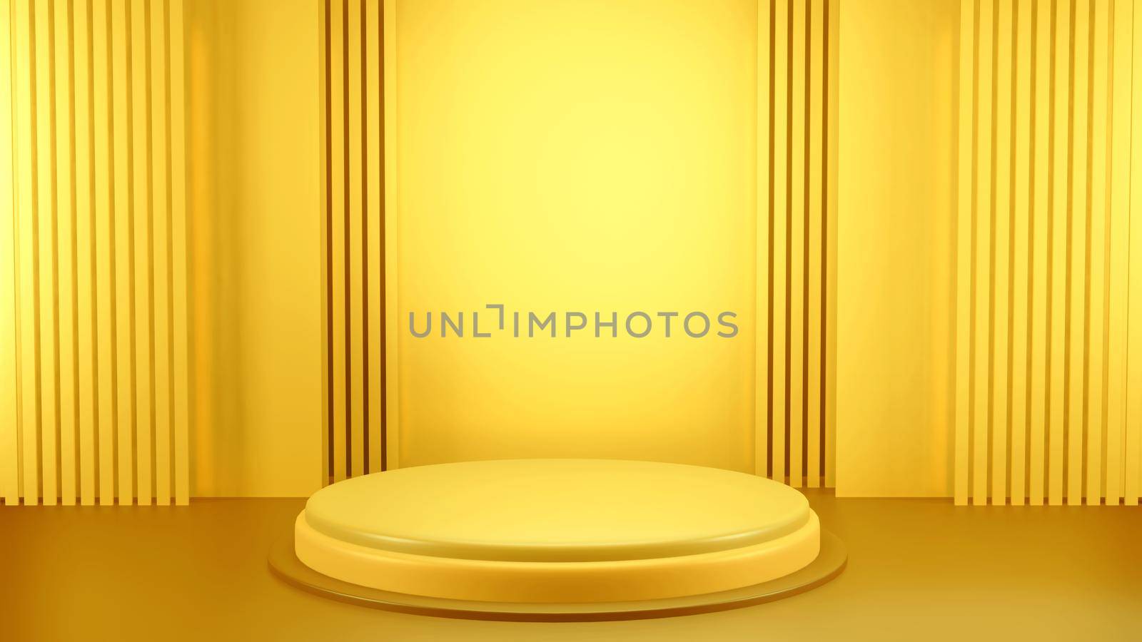 Abstract 3D podium with lighting gold color on a yellow background. Podium stage for an award ceremony or performance by an artist. Stock 3D redering illustration. by Benzoix