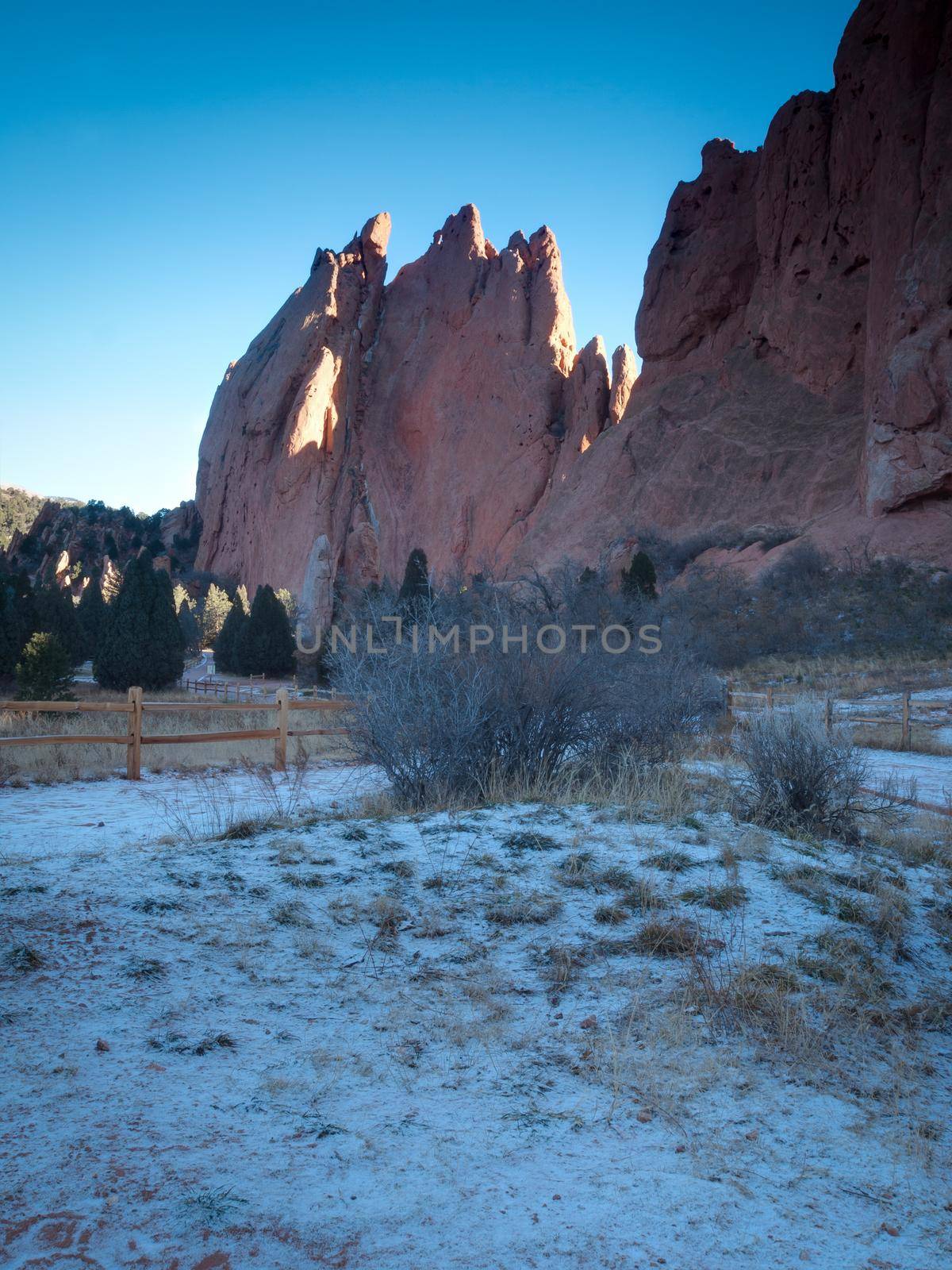 Sunrise at Garden of the Gods Rock Formation in Colorado.