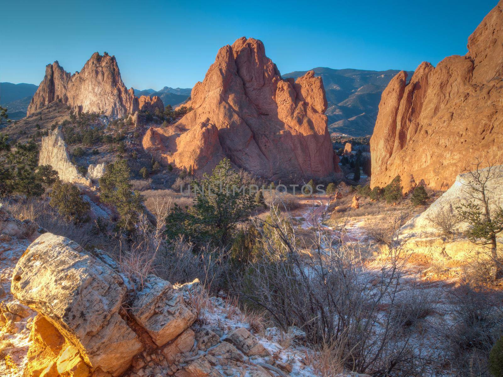 Sunrise at Garden of the Gods Rock Formation in Colorado.