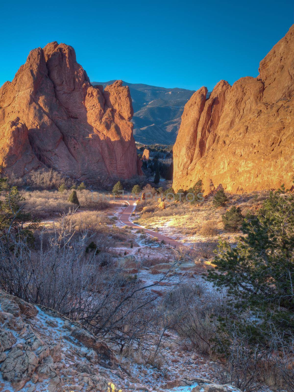 Sunrise at Garden of the Gods Rock Formation in Colorado.