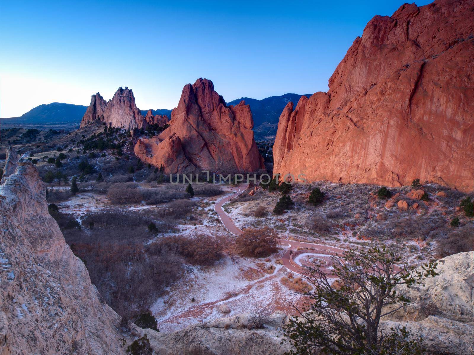 Sunrise at Garden of the Gods Rock Formation in Colorado.