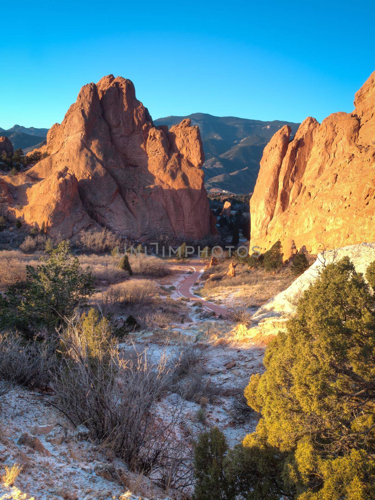 Sunrise at Garden of the Gods Rock Formation in Colorado.