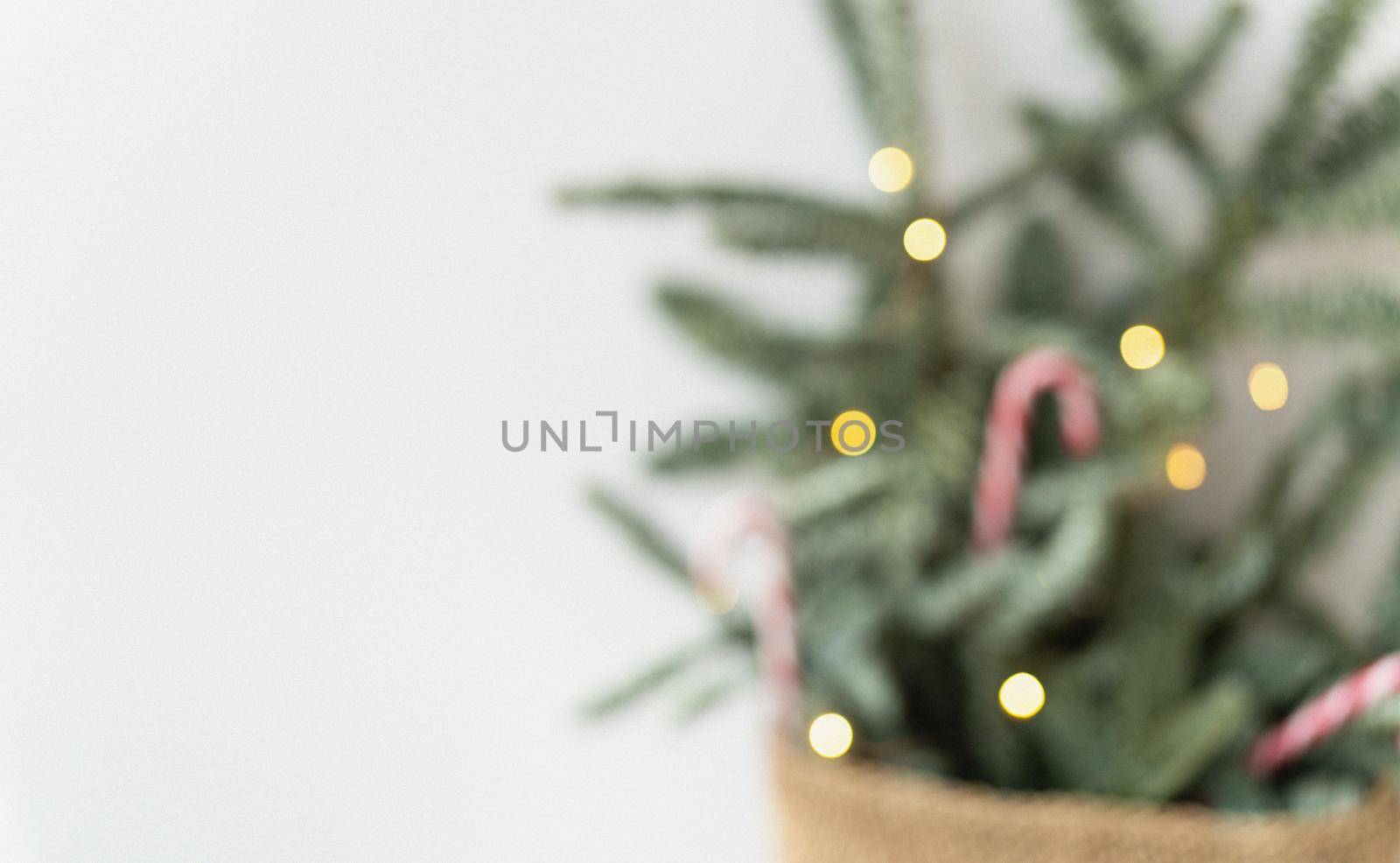 Decorated Christmas tree with candy canes and lights on a blurred background. Preparing for Christmas and New Year 2023. by sfinks