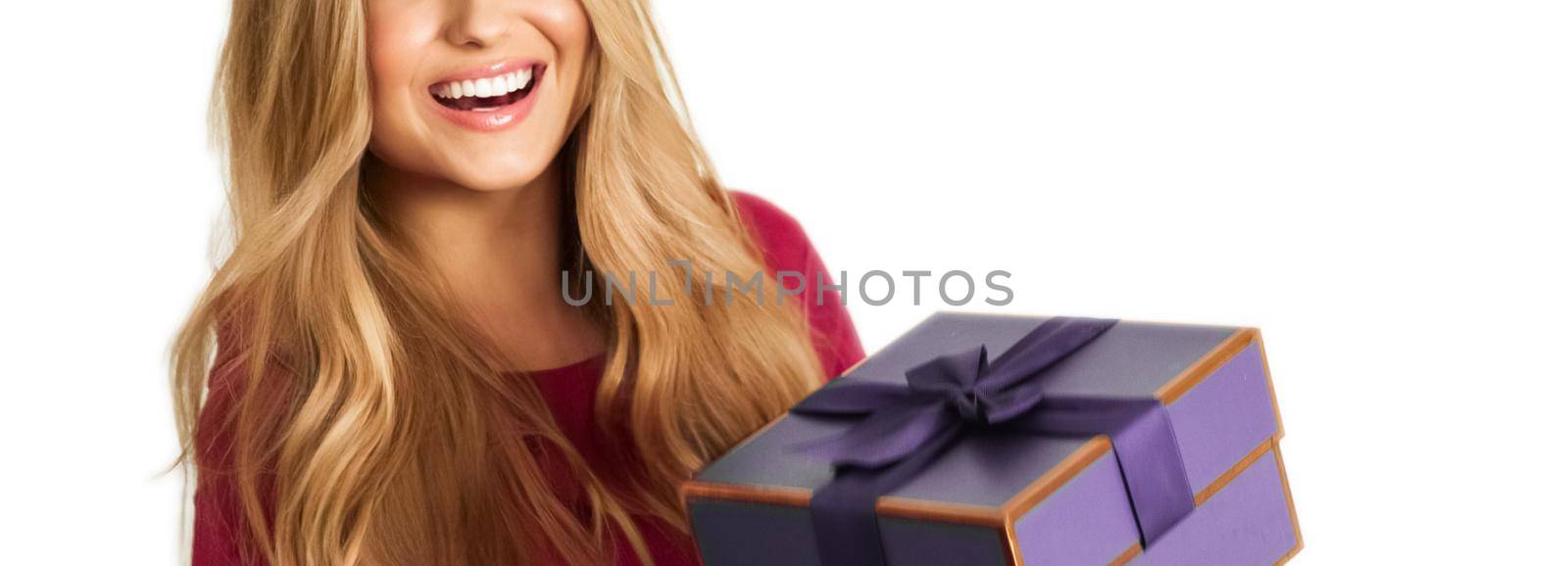 Birthday, Christmas or holiday present, happy woman holding a green gift or luxury beauty box subscription delivery isolated on white background by Anneleven