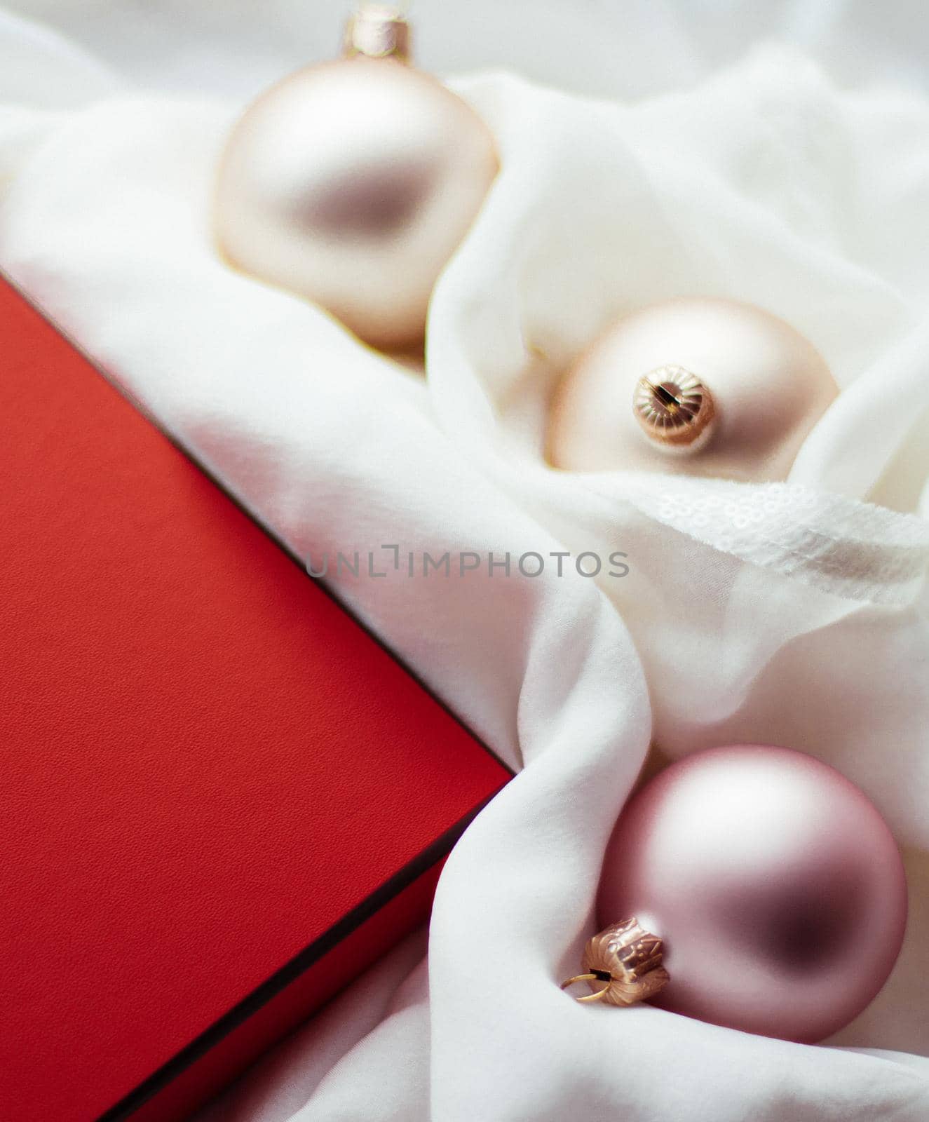 Holidays branding, happy giving and decoration concept - Christmas holiday background, festive baubles and red vintage gift box as winter season present for luxury brand design