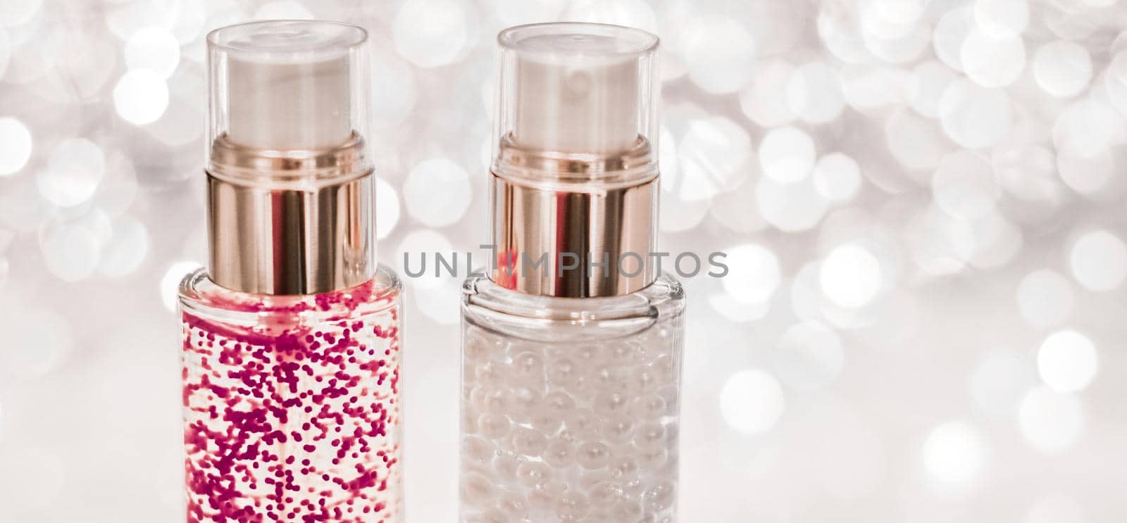 Holiday make-up base gel, serum emulsion, lotion bottle and silver glitter, luxury skin and body care cosmetics for beauty brand ads by Anneleven