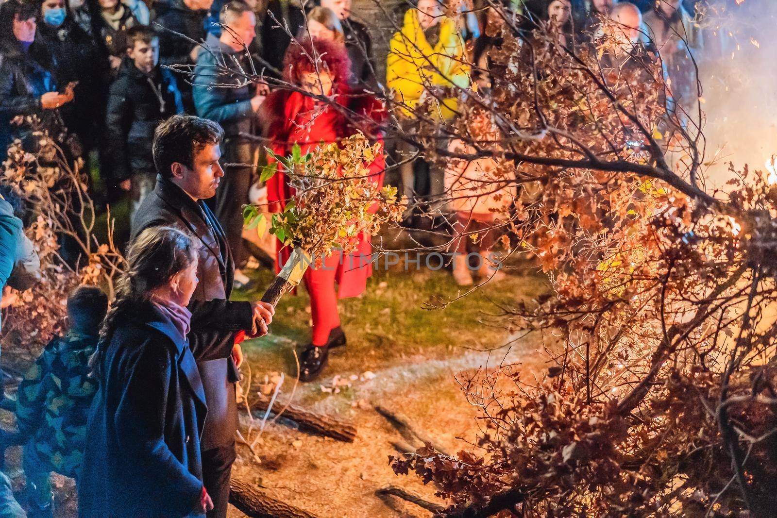 Montenegro, Budva 7.01. 2021: Christian Christmas in Montenegro, the feast of the oak branch. People burn an oak branch in honor of Christmas.