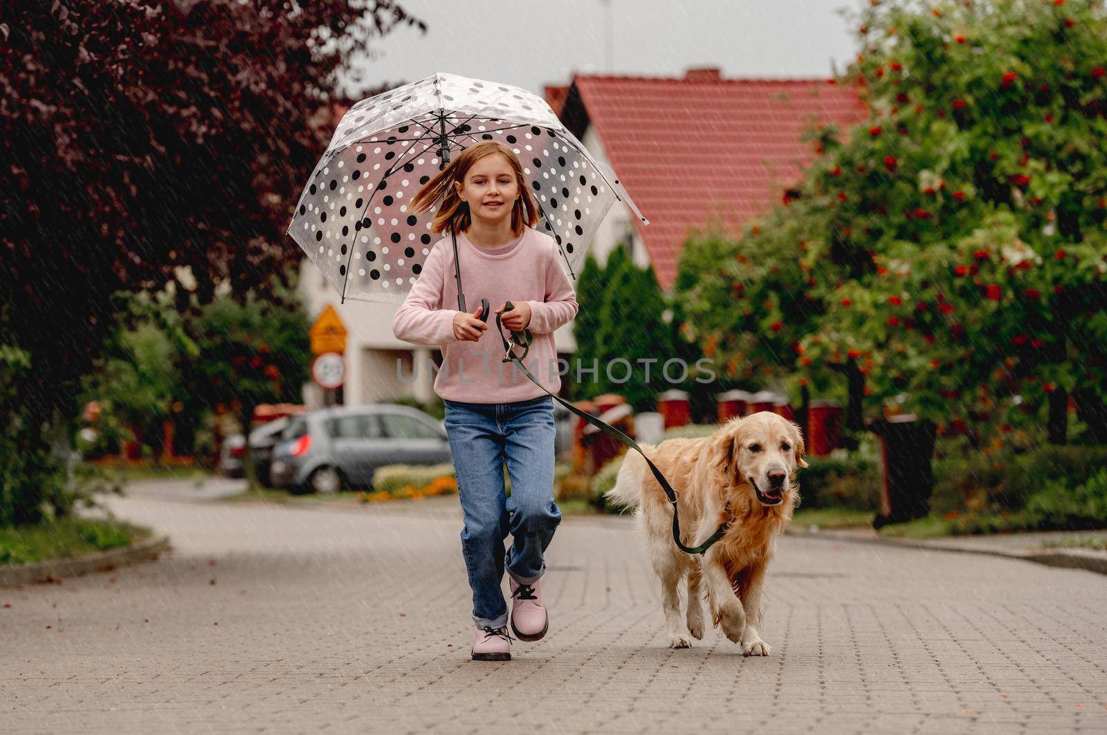 Preteen girl with golden retriever dog running outdoors together. Pretty kid child with purebred pet doggy at street