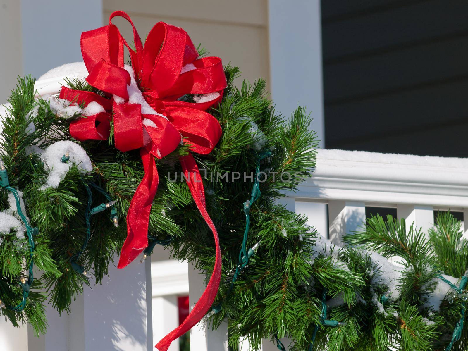 House decorated for winter holidays.