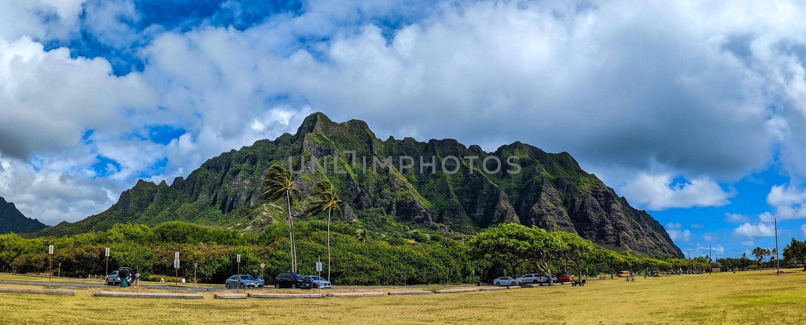 Kualoa mountain range panoramic view, famous filming location on Oahu island, Hawaii