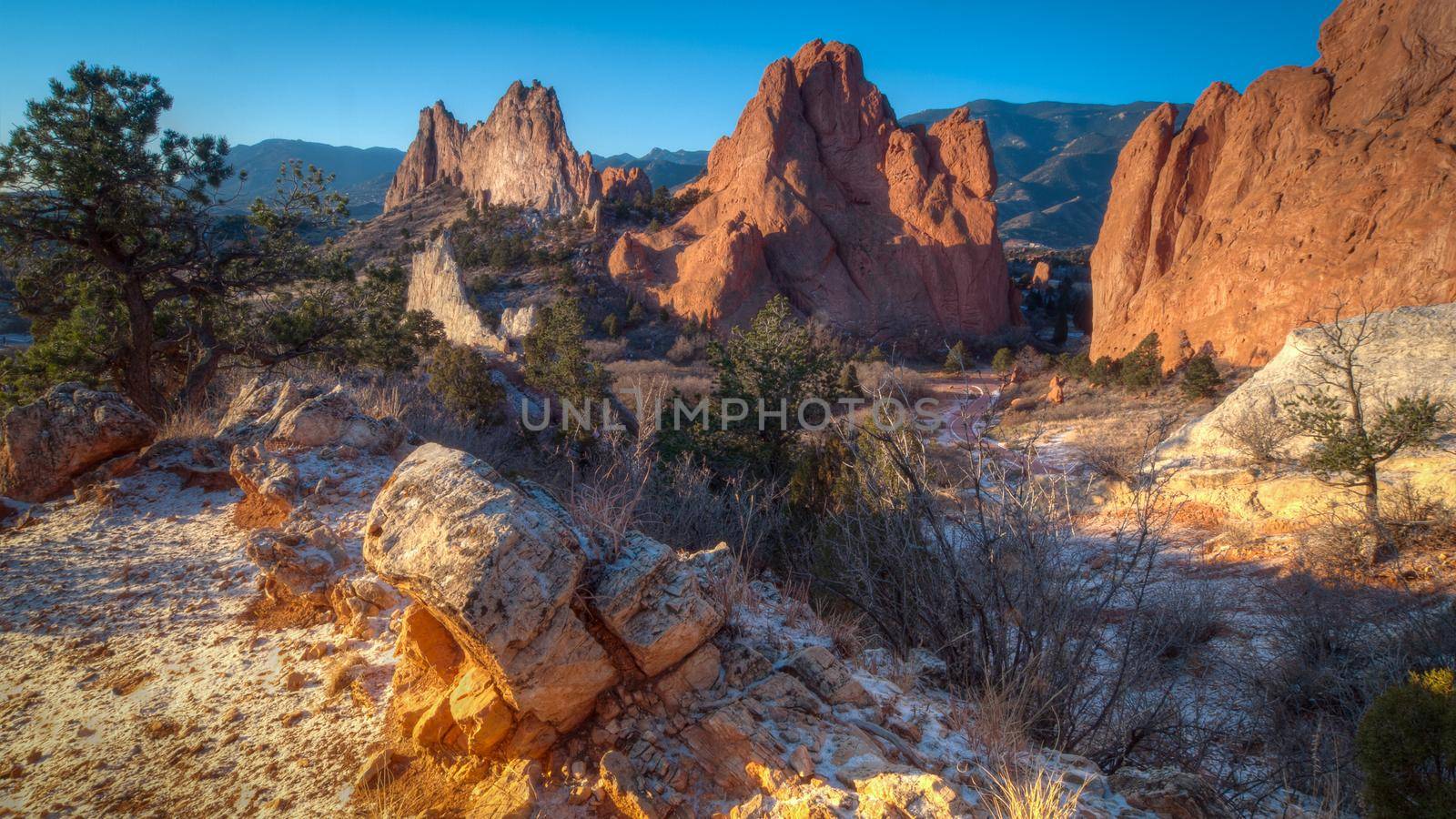 Sunrise at Garden of the Gods Rock Formation in Colorado.