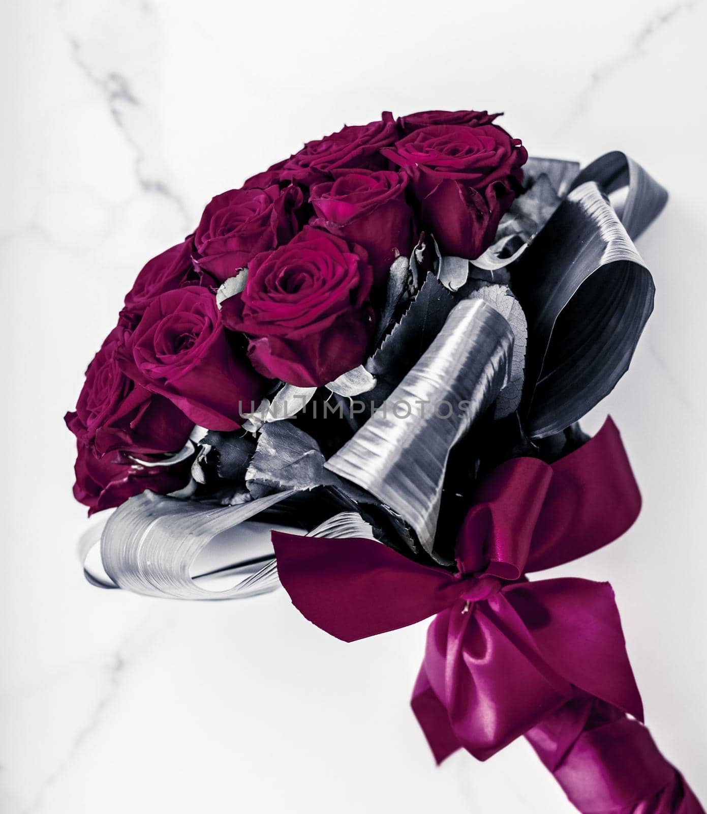 Gift for her, romantic relationship and floral design concept - Luxury bouquet of maroon roses on marble background, beautiful flowers as holiday love present on Valentines Day