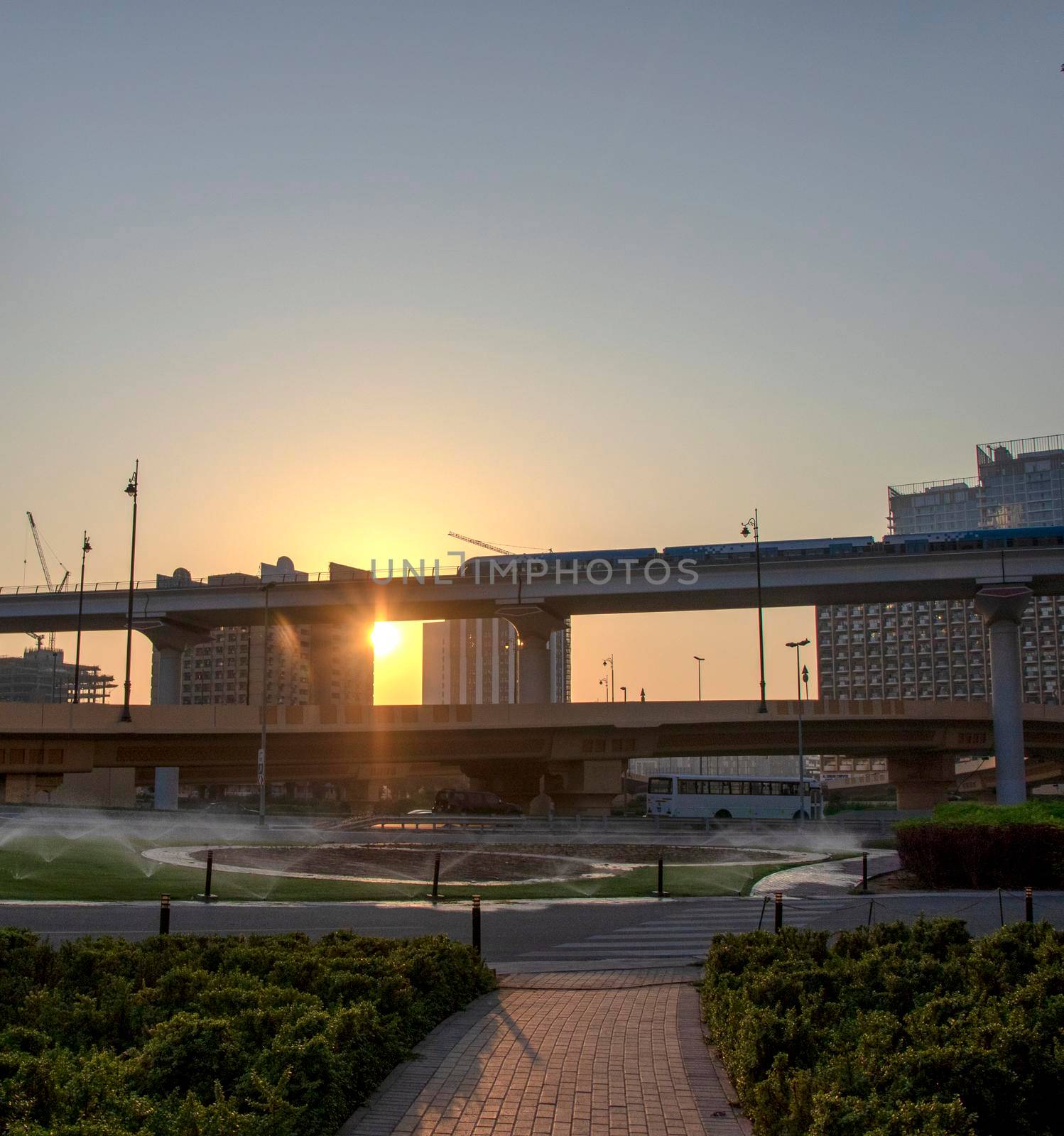 Dubai metro line along the Shaikh Zayed road, main road of UAE. Outdoors