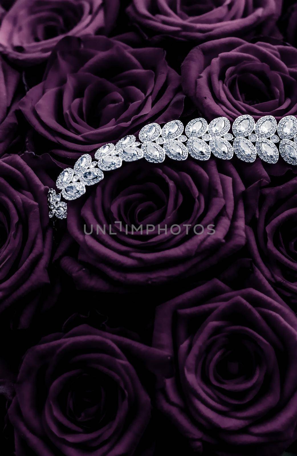 Luxury diamond jewelry bracelet and purple roses flowers, love gift on Valentines Day and jewellery brand holiday background design by Anneleven