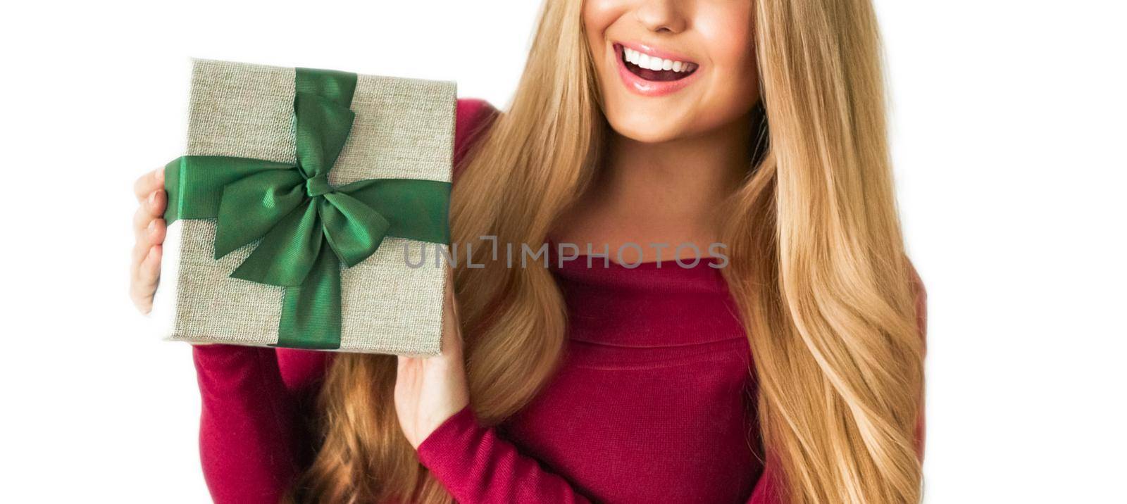 Birthday, Christmas or holiday present, happy woman holding a green gift or luxury beauty box subscription delivery isolated on white background, portrait