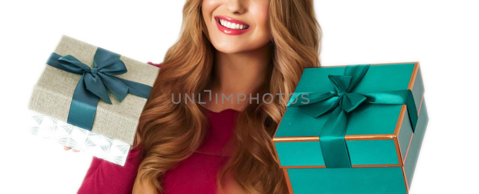 Birthday, Christmas gifts or holiday present, happy woman holding gift boxes isolated on white background by Anneleven