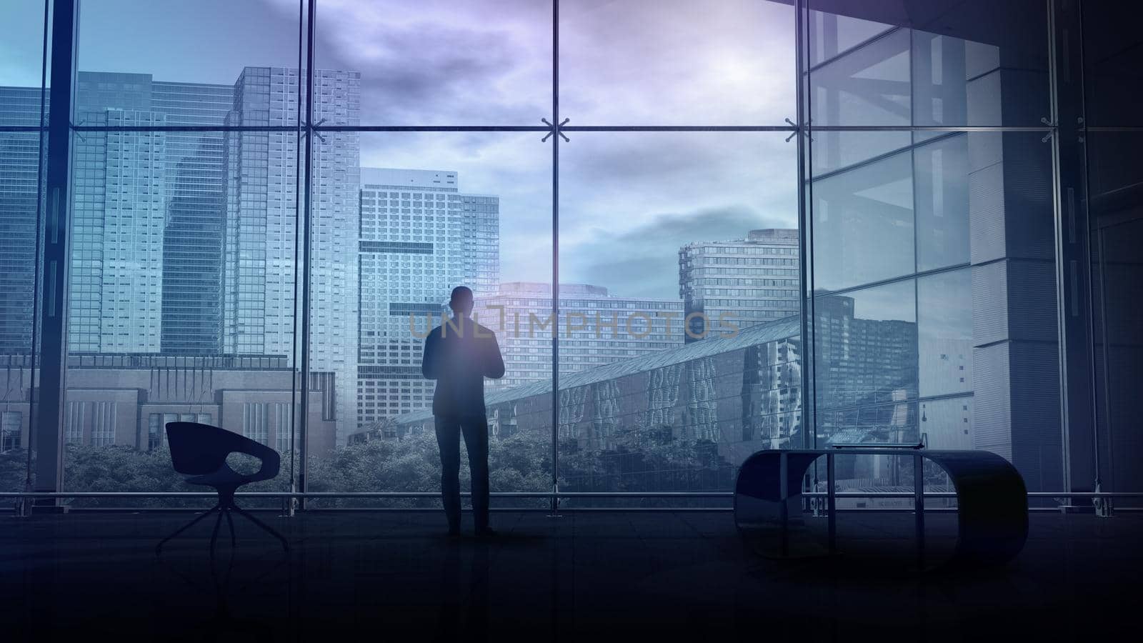 In a spacious office, a man stands and looks at city buildings, 3D render. by ConceptCafe
