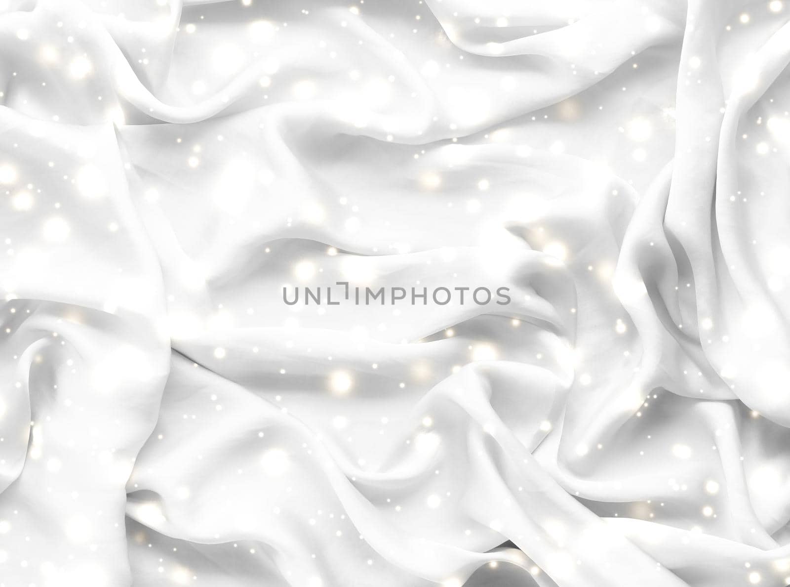 Magic holiday white soft silk flatlay background texture with glowing snow, luxury beauty abstract backdrop by Anneleven