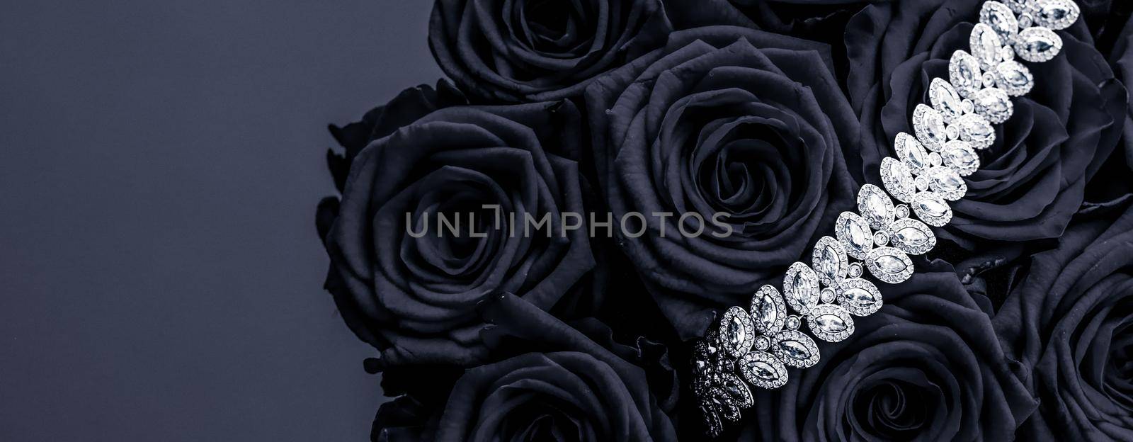 Luxe branding, glamour fashion and boutique shopping concept - Luxury diamond jewelry bracelet and black roses flowers, love gift on Valentines Day and jewellery brand holiday background design