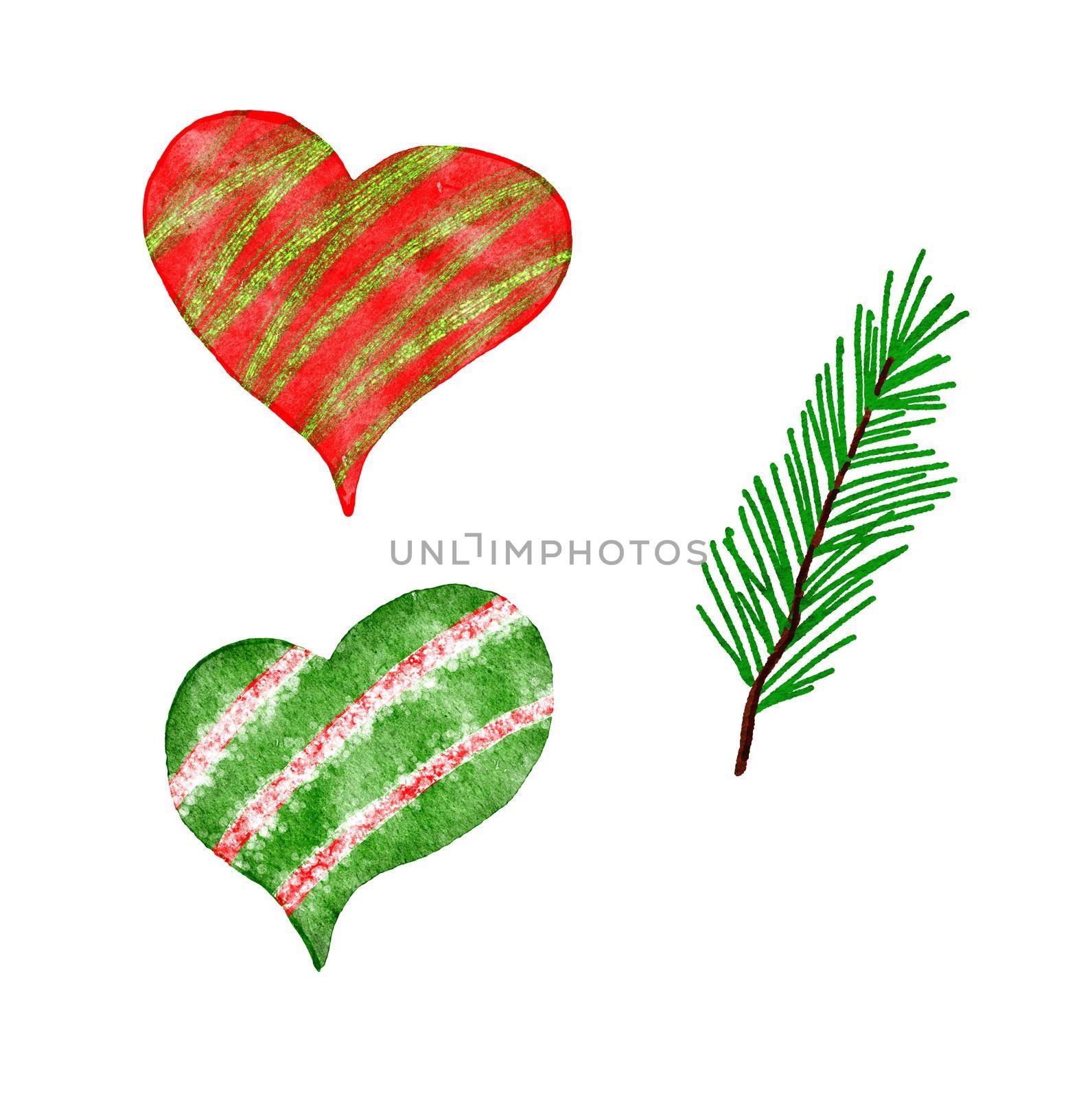 Hand drawn illustration of two christmas red green hearts and pine spruce conifer branch. Winter new year holiday decor for cards invitations. Watercolor glitter traditional decorative party design