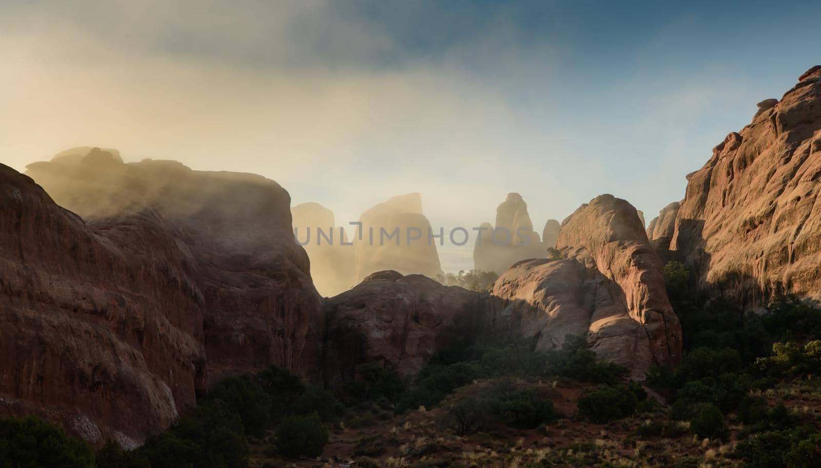 Arches National Park in the morning Misty fog